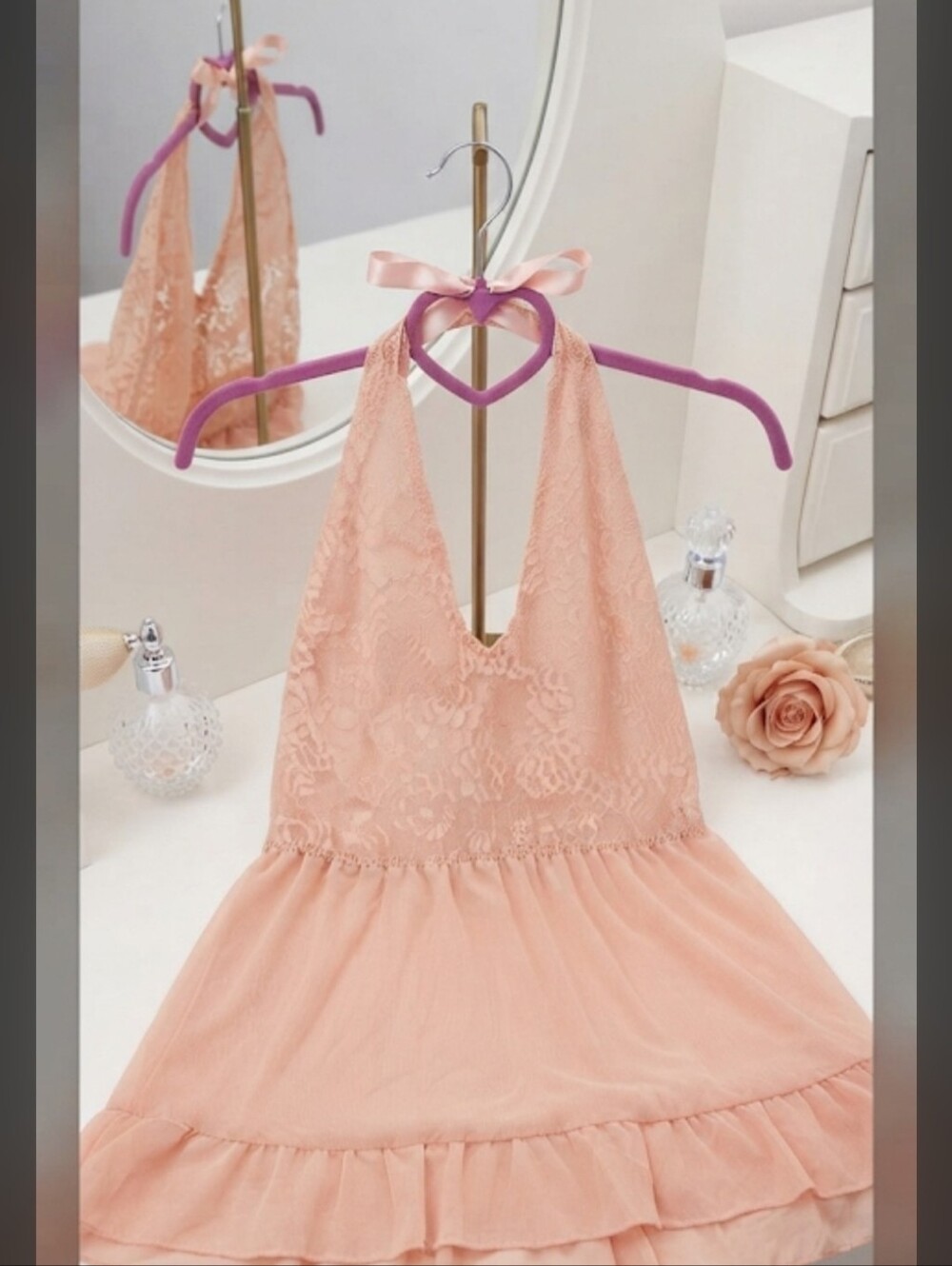 Adore Me, peach, lace, halter, babydoll, built-in thong, NWT. Sz 0X